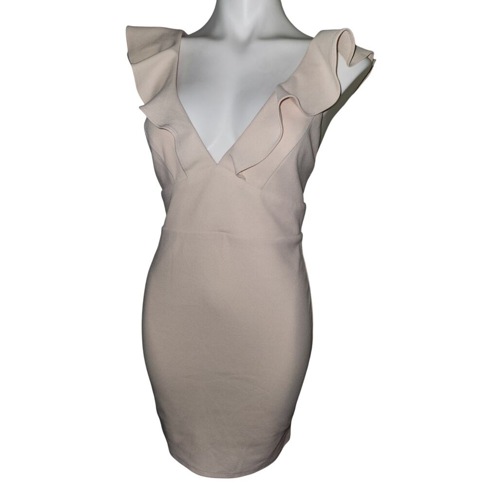LuLus Vneck soft blush pink M ruffle sleeve form fitting cocktail dress